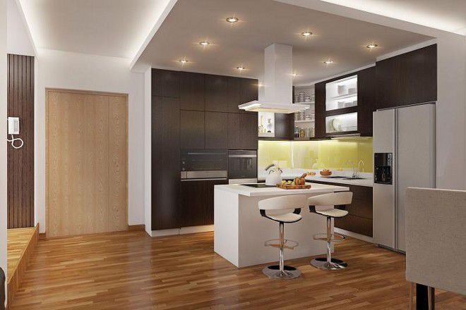Không gian bếp với sự kết hợp của tông trắng và nâu gỗ
