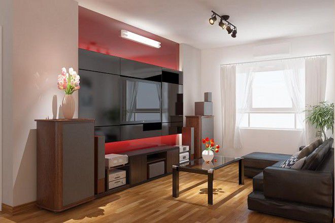 Tông đỏ thiết kế đan xen nổi bật, phân biệt phòng khách với những khu vực khác.