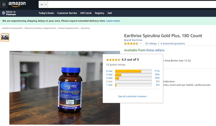 Review tảo mặt trời tăng cân Spirulina Gold Plus Amazon
