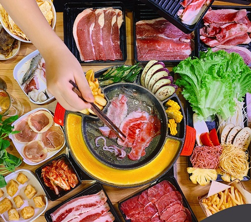 bò nướng áp chảo với thịt ba chỉ