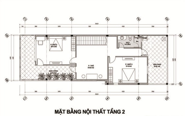 Mặt bằng bố trí nội thất tầng 2 nhà ống