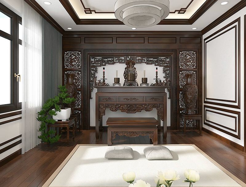 Không gian phòng thờ thoáng sáng, bài trí gọn đẹp, trang nghiêm.