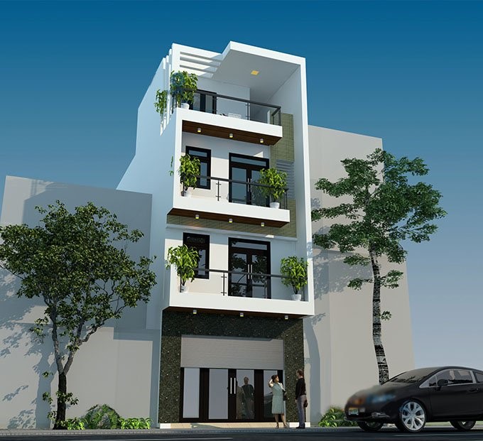 Phối cảnh 3D mẫu thiết kế nhà ống 4 tầng phong cách hiện đại
