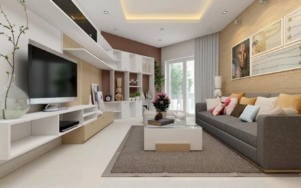 hình ảnh phòng khách nhà ống 4 tầng với sofa ghi, tường trắng, kệ tivi, cửa kính trong suốt