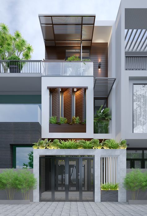 hình ảnh phối cảnh mẫu nhà 3 tầng hiện đại với cây xanh trồng ở ban công, sân thượng, lam gỗ che
