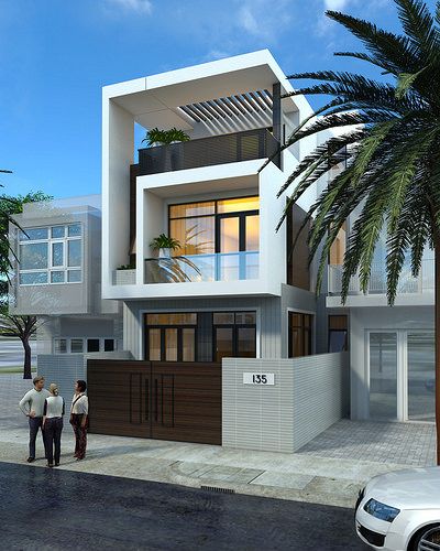 hình ảnh phối cảnh mẫu nhà 3 tầng với hàng rào, cửa cổng cao kín