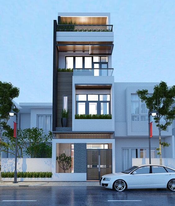 hình ảnh phối cảnh nhà phố 3 tầng hiện đại với điểm nhấn là cây canh ở ban công, sân thượng