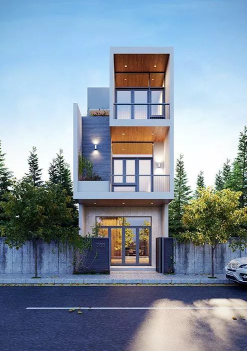 Hình ảnh phối cảnh mẫu nhà 3 tầng với cửa kính mặt tiền, ốp gố
