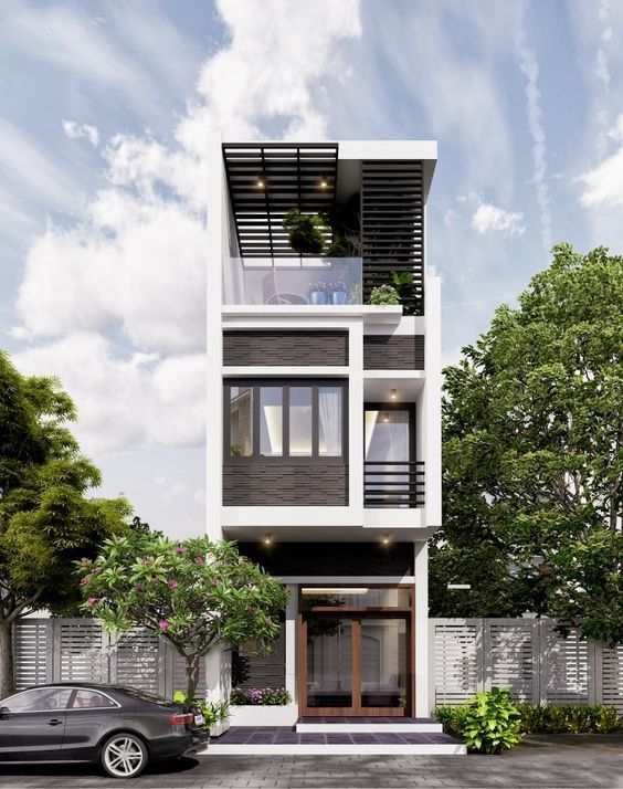 Phối cảnh 3D nhà 3 tầng, xung quanh có ô tô, cây xanh tươi tốt