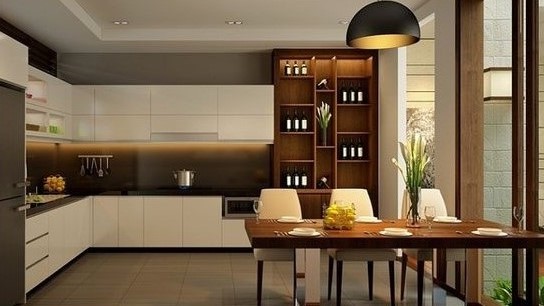 Hình ảnh phòng bếp với tông màu nâu ấm cúng