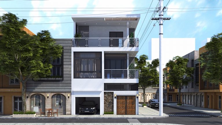 Hình ảnh phối cảnh mẫu nhà phố hai mặt tiền với tầng trệt là khu vực kinh doanh, gara ô tô