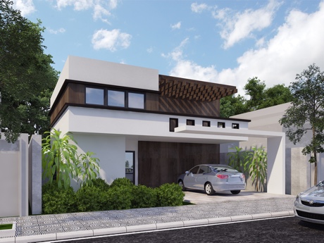 Hình ảnh 3D mẫu nhà 2 tầng nhỏ gọn, đơn giản có chỗ đậu xe phía trước