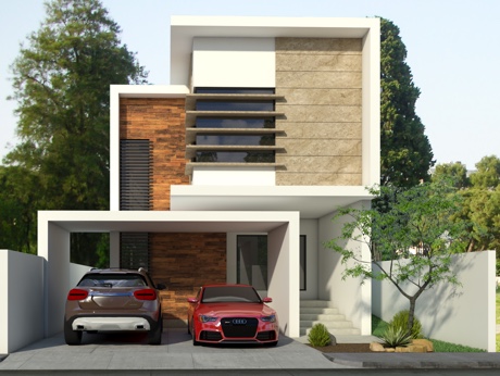 Hình ảnh phối cảnh 3D mẫu nhà 2 tầng với chỗ đậu xe ở mặt tiền