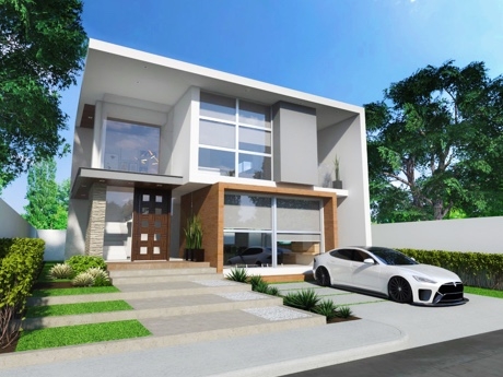 Hình ảnh mẫu nhà 2 tầng phong cách hiện đại với mặt tiền kính trong suốt, bãi đậu xe phía trước