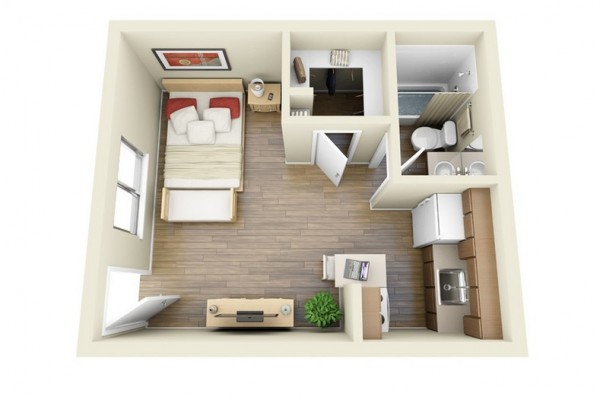 Hình ảnh phối cảnh căn hộ studio nhỏ vuông vắn và tiện nghi