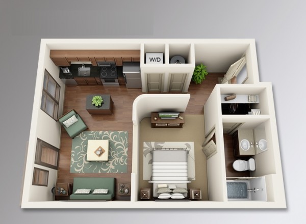 Hình ảnh phối cảnh căn hộ studio có phòng tắm tích hợp phòng thay đồ