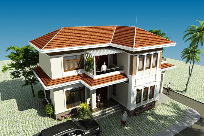 Hình ảnh phối cảnh 3D mẫu biệt thự 2 tầng phong cách hiện đại với mái ngói truyền thống, cửa sổ kính khung gỗ, san lát gạch trồng cỏ xen kẽ.