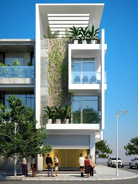 Hình ảnh phối cảnh 3D mẫu nhà phồ kết hợp kinh doanh với 2 mặt tiền đường rộng thoáng, mặt tiền sử dụng lam che kết hợp cây xanh.