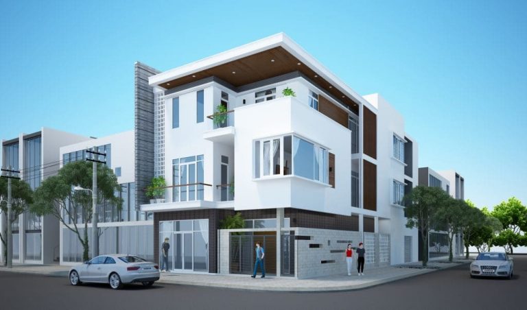 Phối cảnh mẫu nhà ở kết hợp kinh doanh buôn bán được xây dựng ở ngã ba đường với ngoại thất tông màu trắng chủ đạo