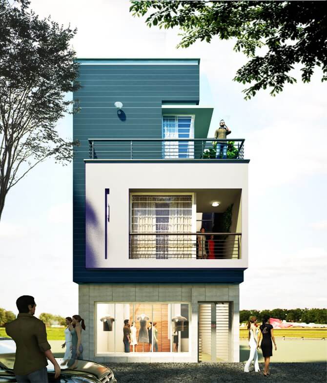 Hình ảnh cận cảnh mặt tiền nhà phố 3 tầng với các mảng khối lớn vuông vắn, sơn màu xanh dương - trắng, tầng trệt là cửa hàng thời trang.