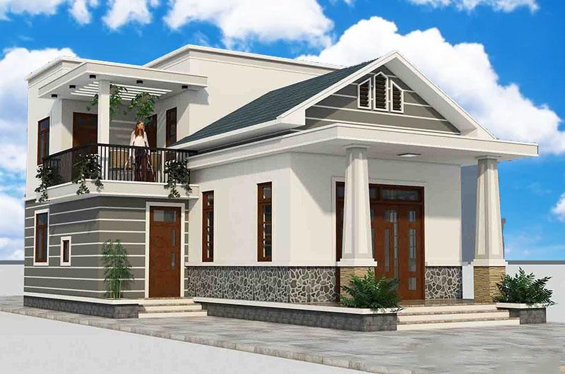 Hình ảnh phối cảnh 3D mẫu nhà cấp 4 mái Thái có gác lửng.