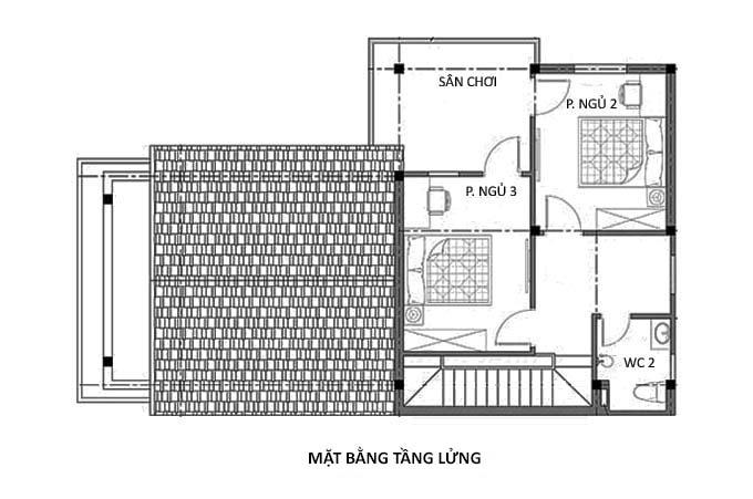 Hình ảnh bản vẽ thiết kế mặt bằng tầng lửng nhà cấp 4 mái Thái.