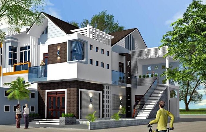 nhà 3 tầng mái lệch nổi bật với lan can kính