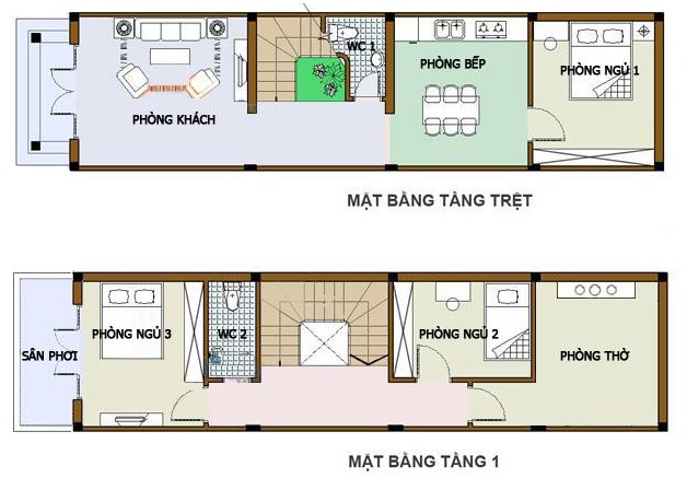 mặt bằng nhà ống 2 tầng