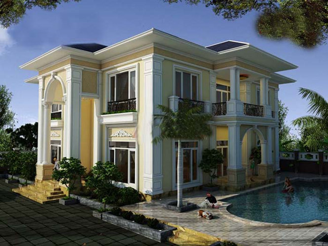 nhà vuông 2 tầng theo phong cách kiến trúc tân cổ điển