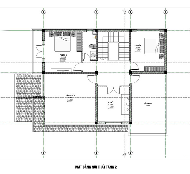 mặt bằng tầng 2 biệt thự 2 tầng phong cách tân cổ điển