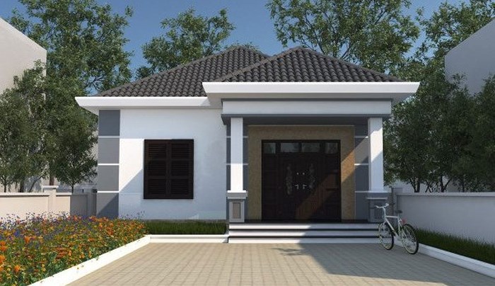 Mẫu nhà cấp 4 mái Thái đơn giản với thiết kế giả cột kẻ chỉ màu trắng