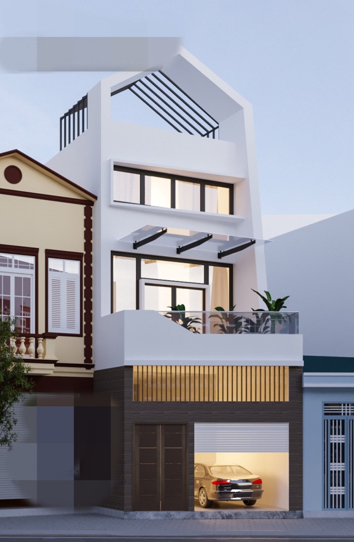 Mặt tiền nhà phố 3 tầng 1 tum nổi bật với đá ốp màu nâu ở tầng 1 và cửa kính cách âm ở các tầng trên.
