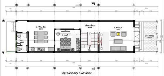mặt bằng tầng 1 nhà ống 2 tầng trên diện tích 85m2