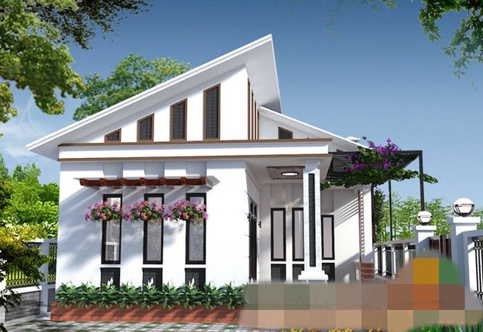Mẫu nhà 1 tầng với phần mái lệch giật cấp mang đến vẻ đẹp ấn tượng cho ngoại thất công trình.