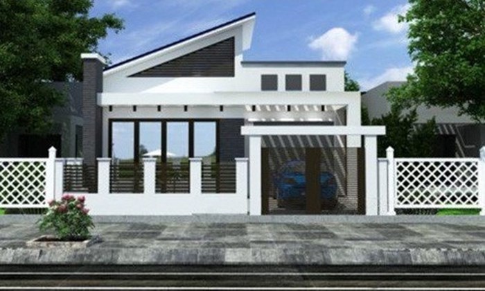 Mặt tiền nhà 1 tầng mái lệch không quá cầu kỳ nhưng vẫn có sức hút riêng.