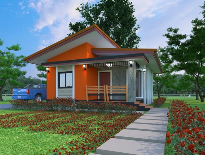 Bức tường màu cam nổi bật tạo điểm nhấn cực hút mắt cho mẫu nhà 1 tầng mái lệch hiện đại.