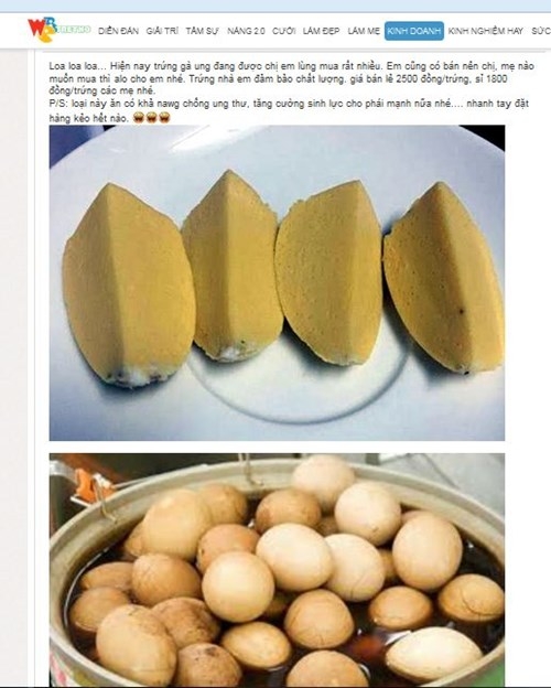 Trứng ung được tiếp thị trên một diễn đàn mạng, để đảm bảo sức khỏe hãy nói không với thực phẩm không an toàn.