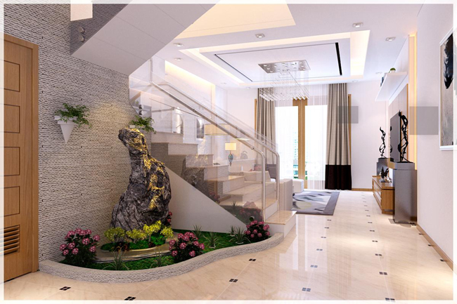hình ảnh cận cảnh tiểu cảnh xanh mát nơi chân cầu thang bộ nhà lô phố