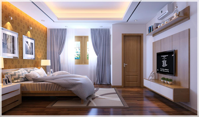 hình ảnh phòng ngủ cậu con trai thứ hai với tường đầu giường dán giấy dán tường màu cam, họa tiết bắt mắt, rèm cửa hai lớp, tủ lưu trữ tiện dụng