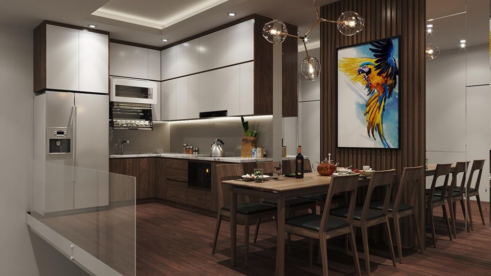 hình ảnh toàn cảnh phòng bếp kết hợp phòng ăn với hệ tủ màu trắng cánh phẳng, đèn thả mặt dây chuyền, bàn ghế gỗ sẫm màu