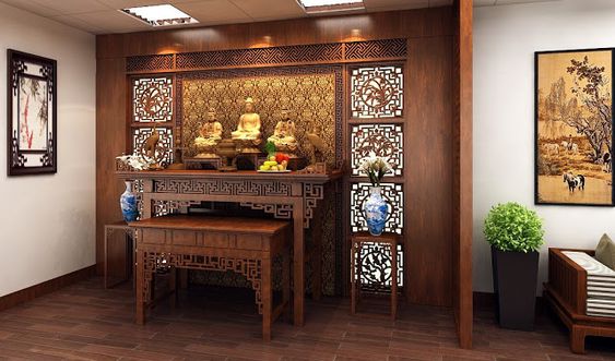 hình ảnh toàn cảnh phòng thờ với nội thất gỗ chạm khắc tinh xảo, tranh tường trang trí, vách gỗ phân tách với phòng khách liền kề