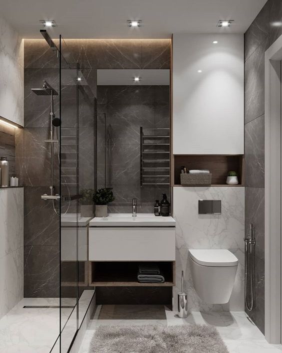 hình ảnh phòng tắm nhà vườn 1 tầng với tường ốp gạch giả đá cẩm thạch