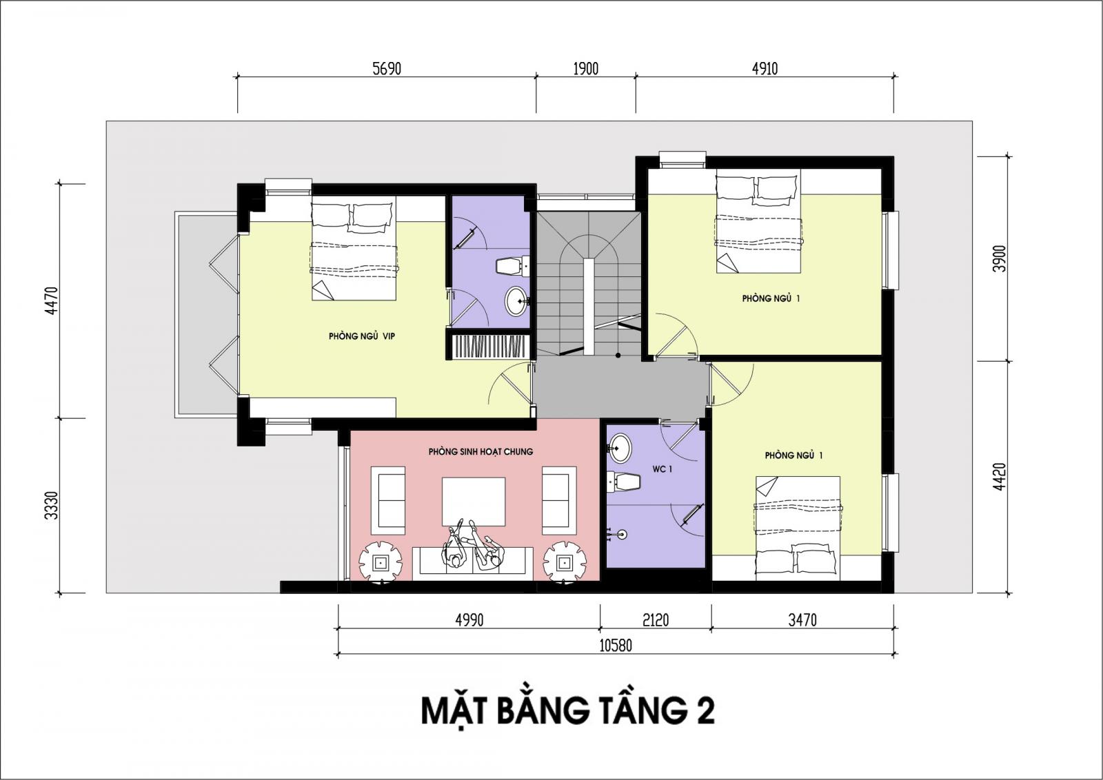 hình ảnh bản vẽ thiết kế mặt bằng tầng 2 biệt thự mái Thái