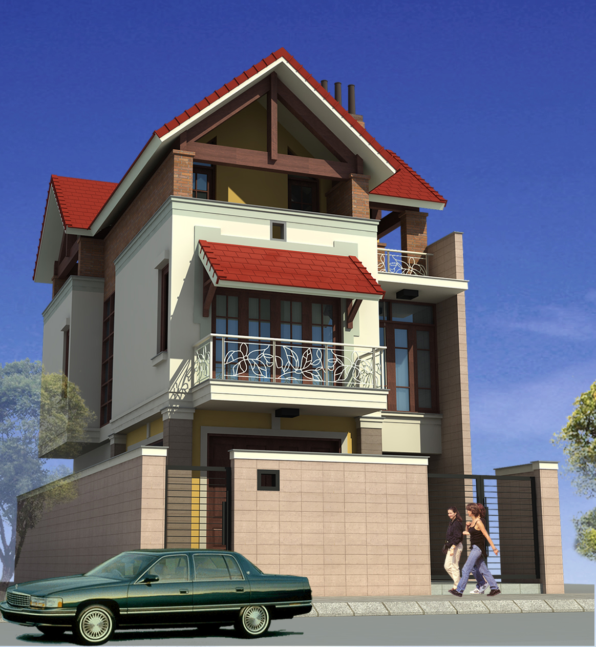 hình ảnh phối cảnh 3D mẫu biệt thự 3 tầng mái Thái - góc 2