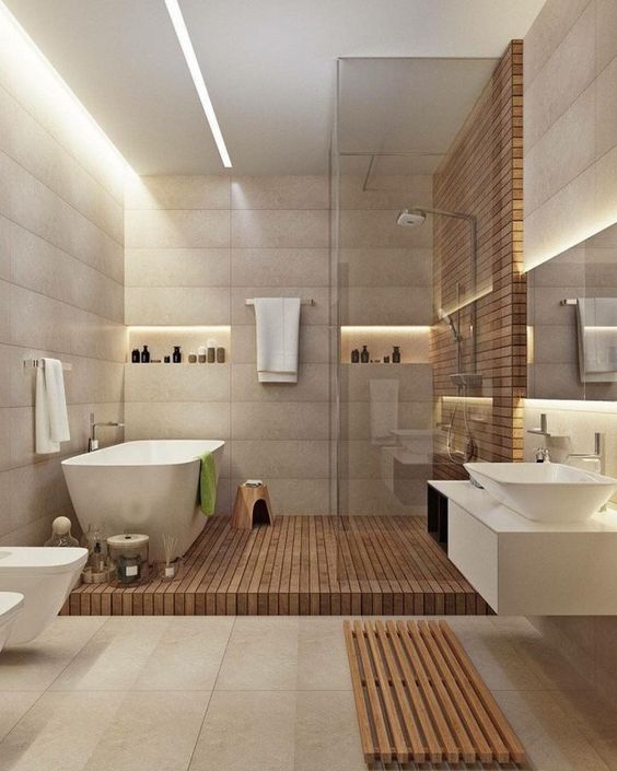 hình ảnh phòng tắm trong biệt thự 2 tầng phong cách tân cổ điển với bồn tắm nằm, sàn lát gỗ, tường trang trí hút mắt