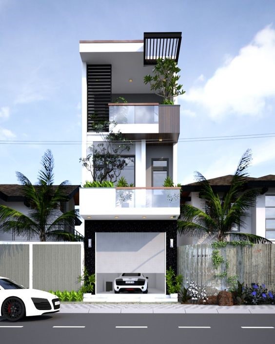 hình ảnh phối cảnh 3D mẫu nhà ống 3 tầng phong cách hiện đại