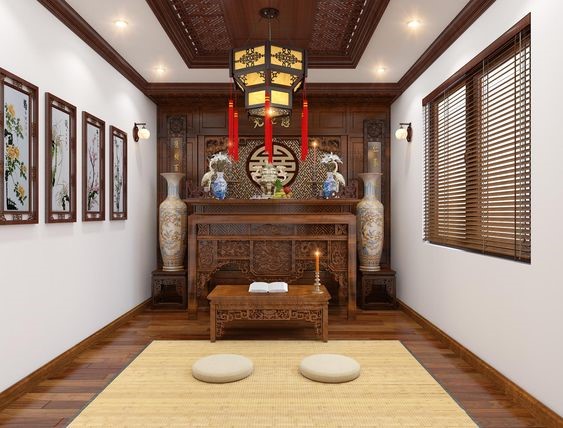 hình ảnh phòng thờ trong nhà ống 3 tầng với nội thất gỗ chạm khắc tinh tế