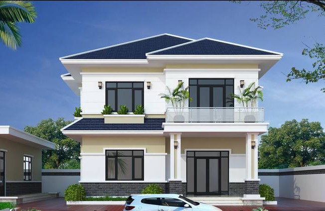 nhà vuông 2 tầng mái Thái xanh xám