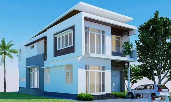 mẫu nhà 2 tầng 3 phòng ngủ mái lệch