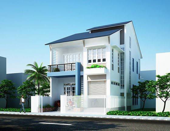 mẫu nhà 2 tầng 3 phòng ngủ màu xanh - trắng